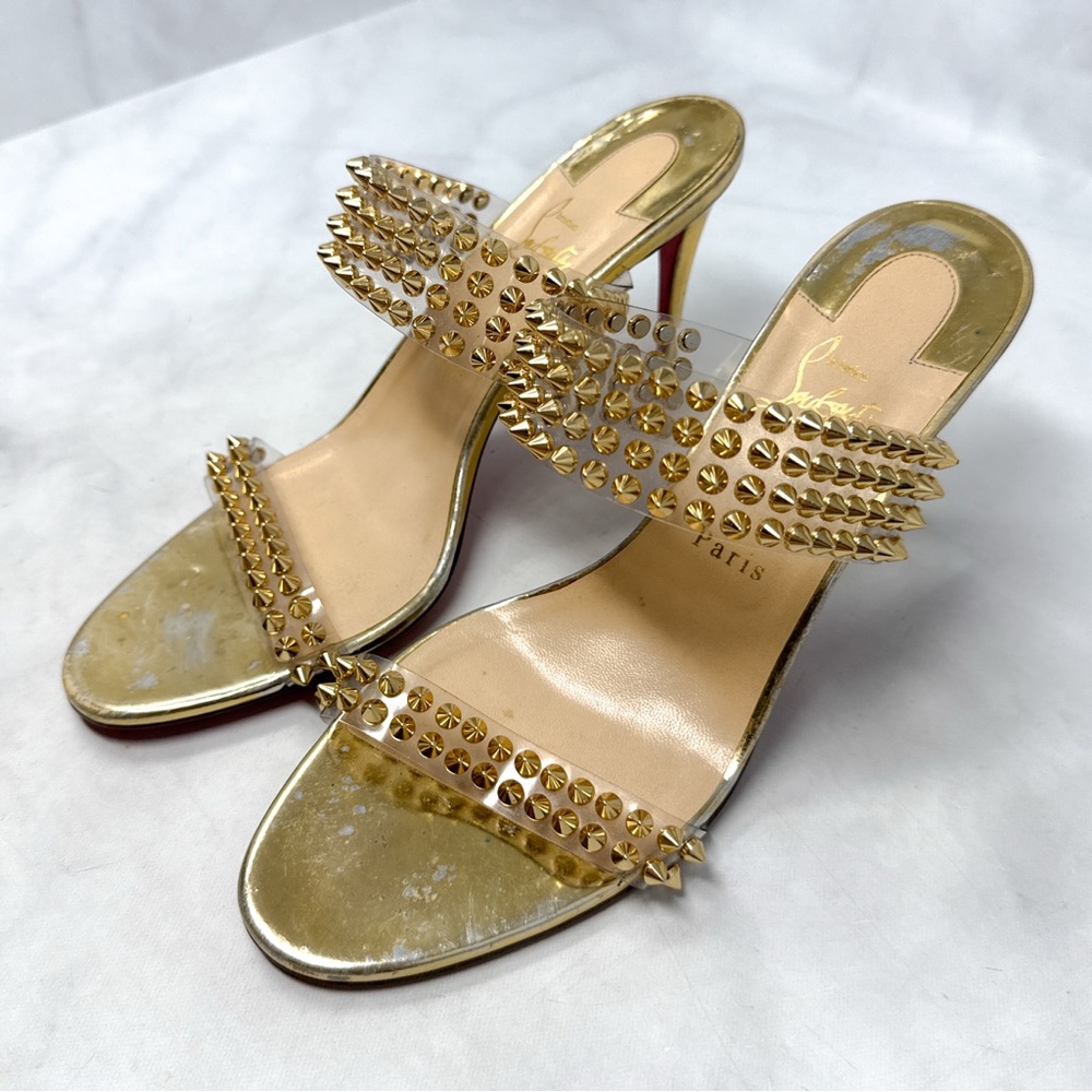 Christian Louboutin Spikes Only PVC Chrome Open Toe Mule Sandal Heels Gold 42 - Picture 5 of 16